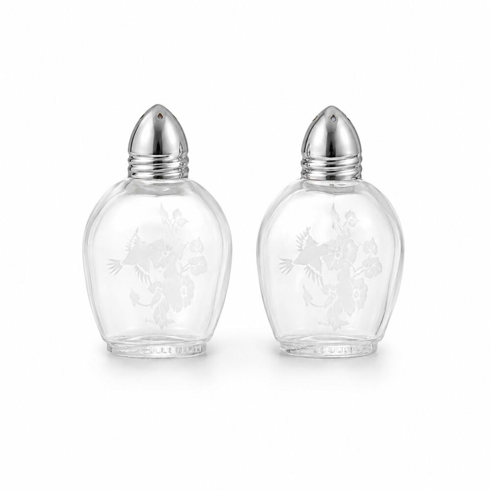 Vintage 1980s Avon Glass Hummingbird Etched Crystal Salt & Pepper Shaker Set